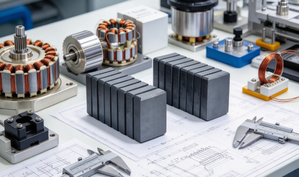 Square ferrite magnet stacks on laboratory workbench with rotor core stator coils vernier caliper positioning fixture and engineering drawings for motor design review.