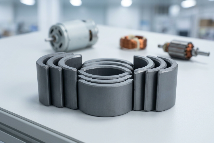Grey arc-shaped Ferrite Magnet for Motor segments stacked on a white bench in front of a small DC motor, a copper stator coil and an armature.