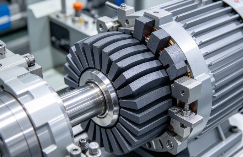 Ferrite magnet installed near motor rotor and stator, magnetic component for industrial motor design.